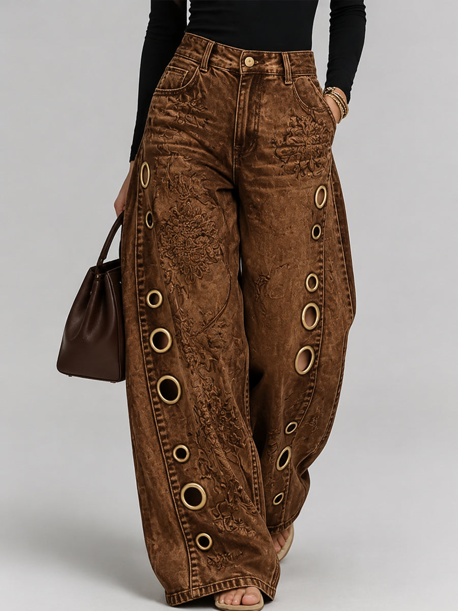 Women's Retro Style Art Print Casual  Hollow Wide Leg Pants