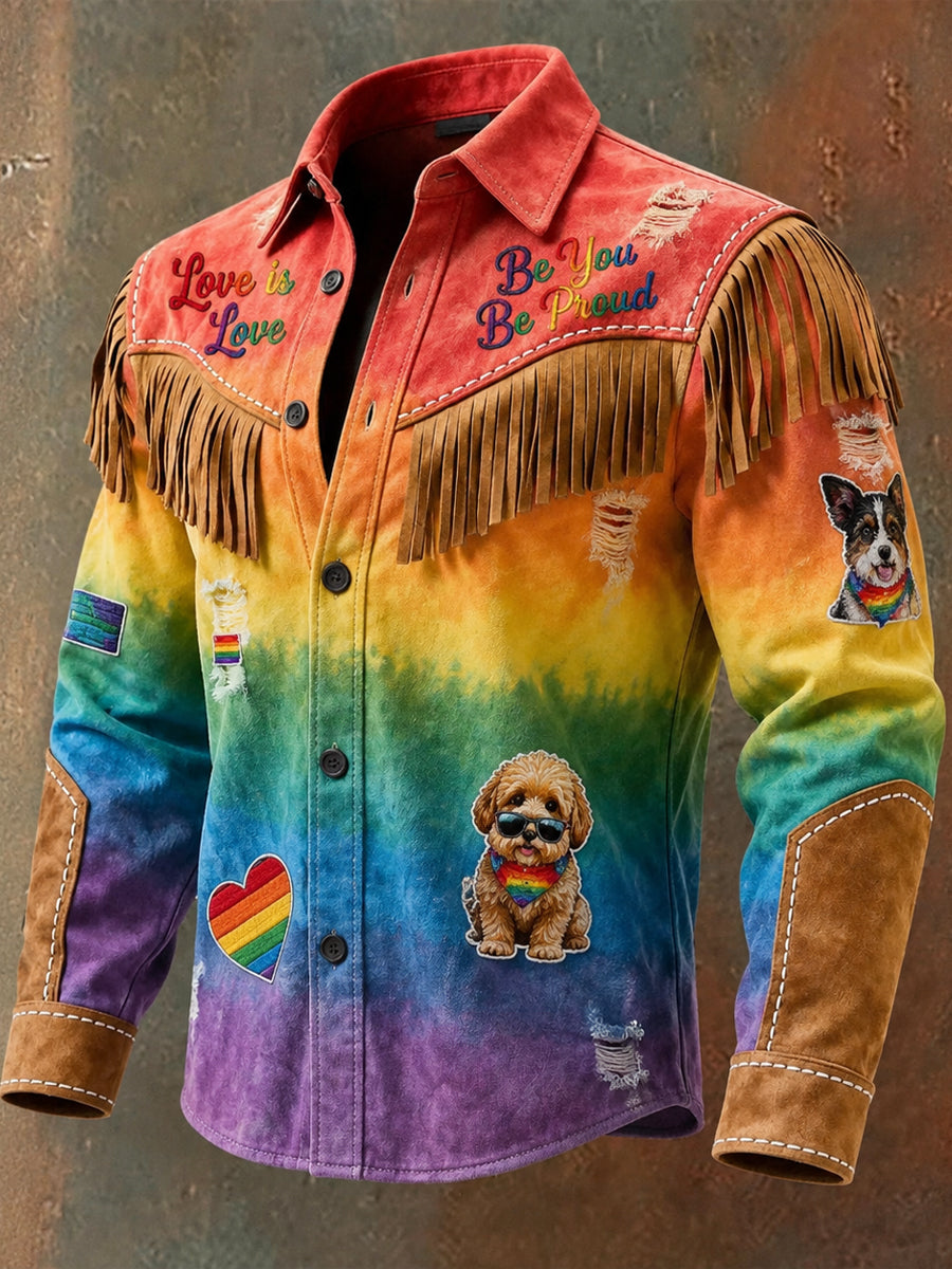 Men's Retro Pride Month Rainbow Art Print Western Vintage Tassel Casual Long Sleeve Shirt