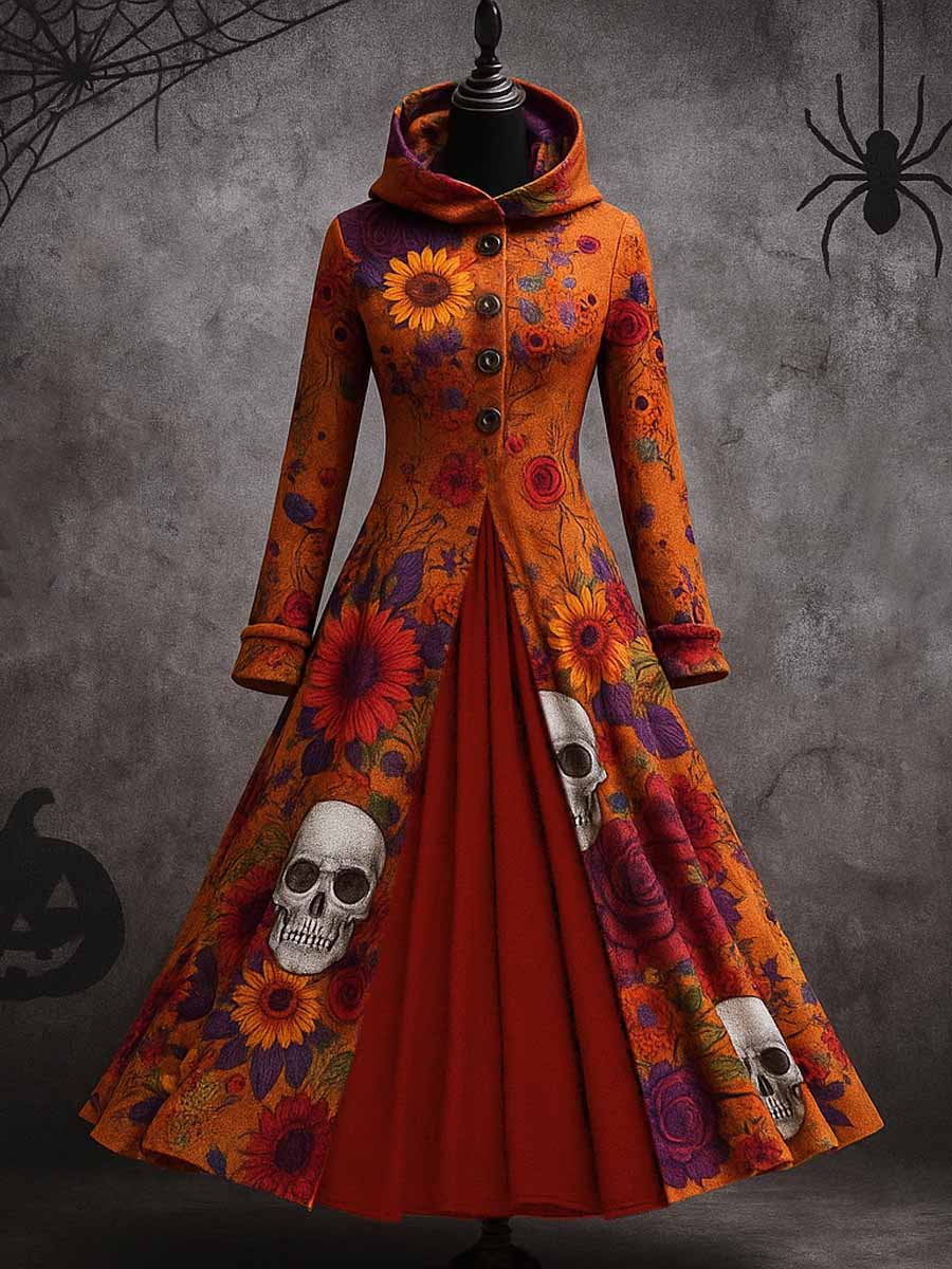 Gothic Art Print Long Sleeve Maxi Dress Hooded Coat Dress