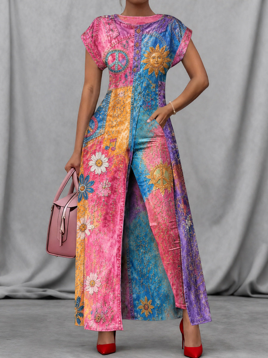 Retro Style Art Print Vintage Long Split Shirts Dress Skinny Pants Two-Piece Set