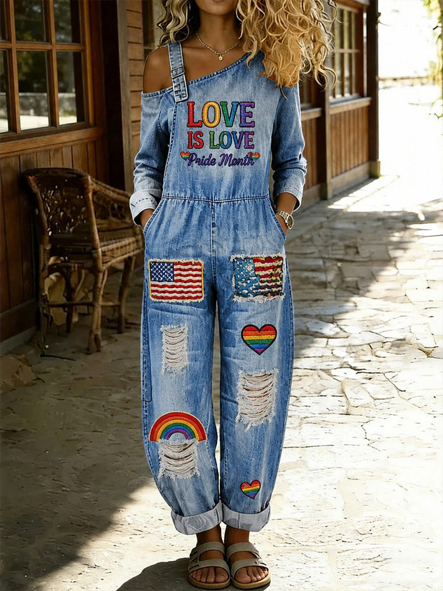 Women's Retro Pride Month Rainbow Art Print Washed Cotton Denim Patchwork Jumpsuit