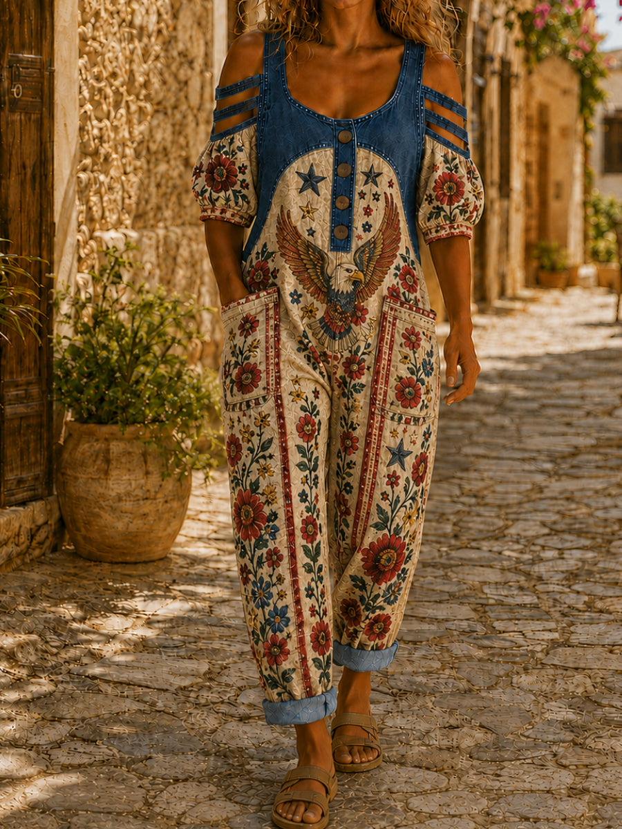 Women's Casual Short Sleeve Denim Patchwork Jumpsuit