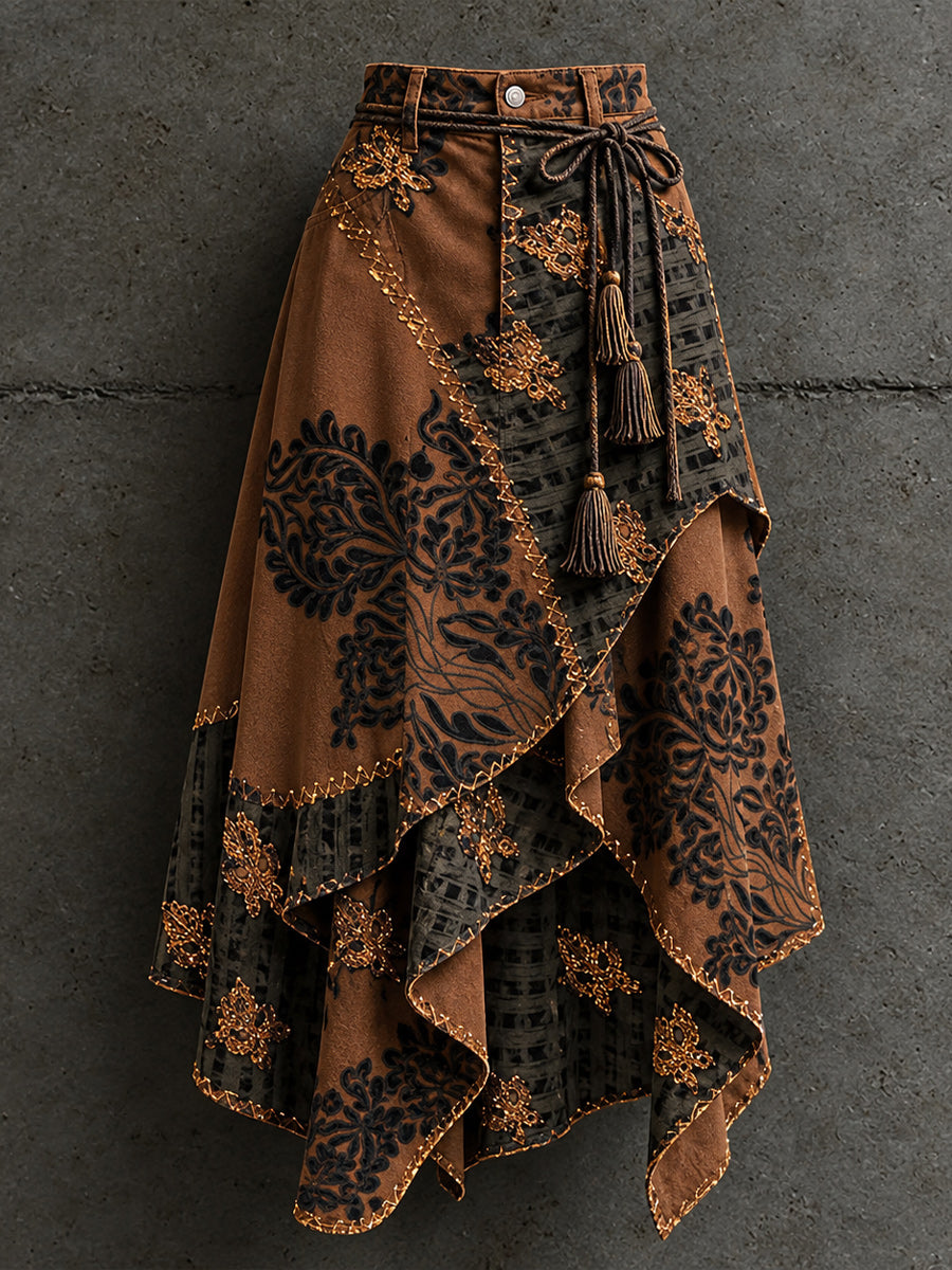 Women's Retro Style Art Print Irregularly Layered Stitched Skirt