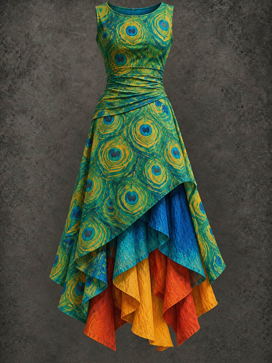 Retro Art Printed Vintage Sleeveless Irregularly Layered Stitched Midi Dress