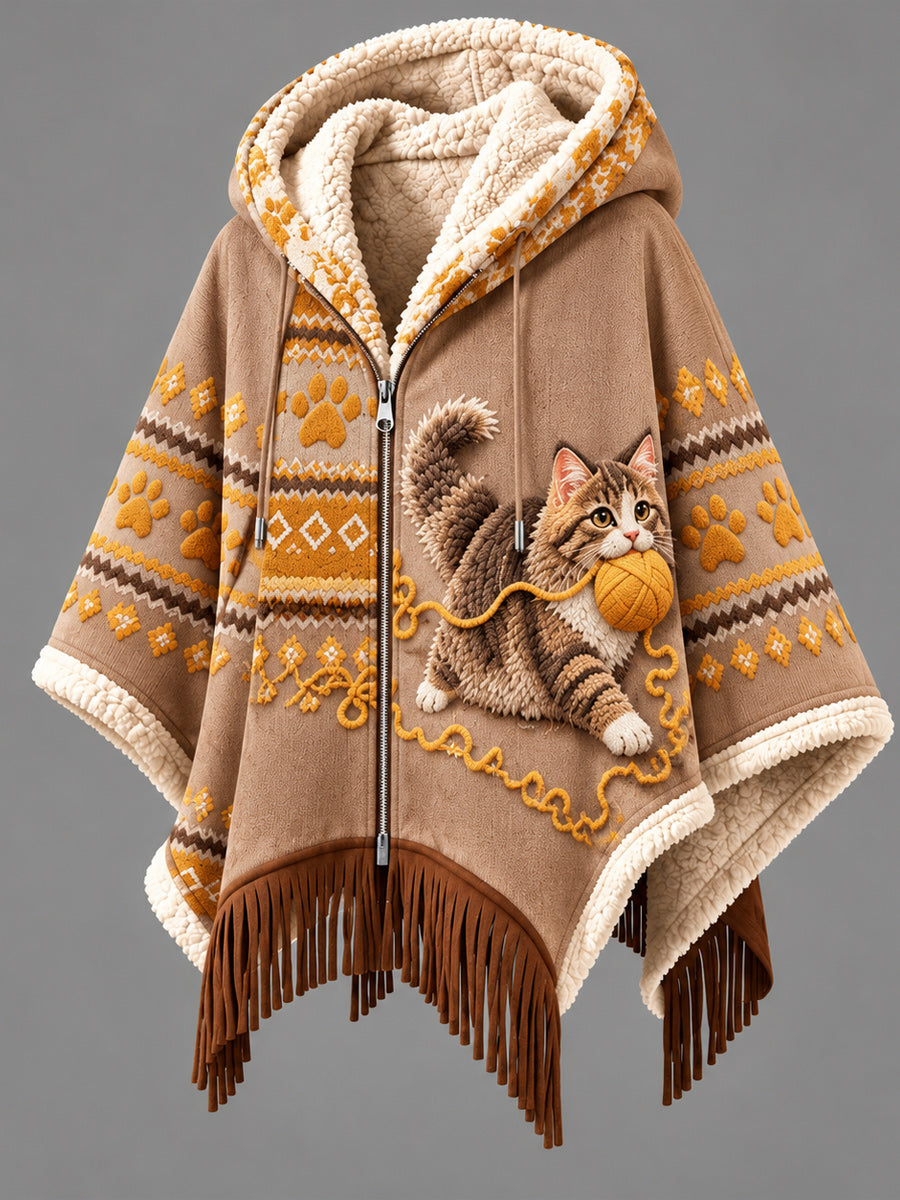 Women's Fall Winter Vintage Art Fleece-Lined Hooded Fringe Poncho
