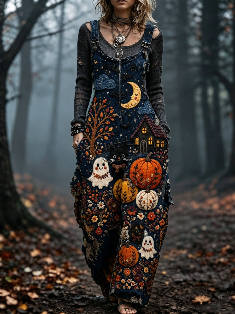 Women's Retro Autumn Style Art Print Washed Cotton Denim Patchwork Jumpsuit