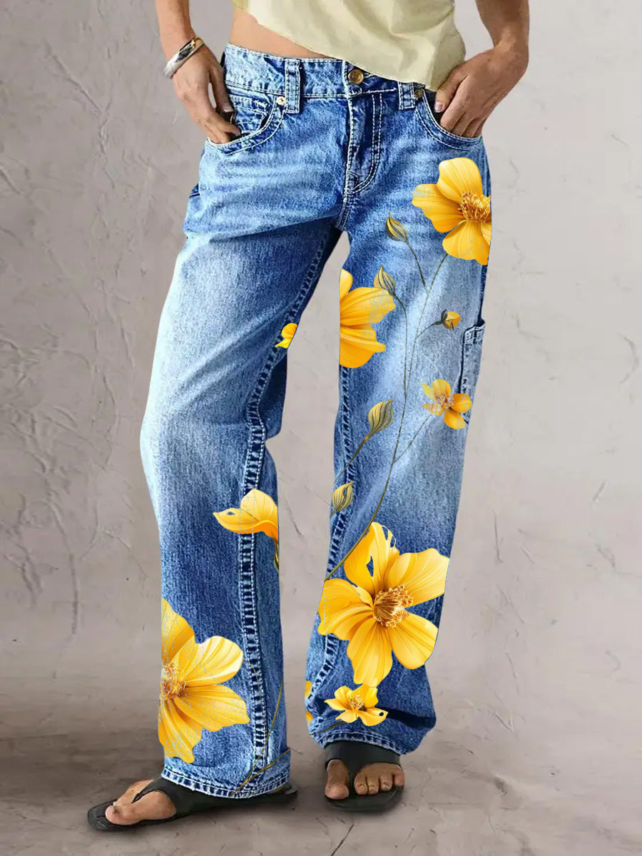Women's Retro Style Art Print Casual Pocket Button Wide Leg Pants