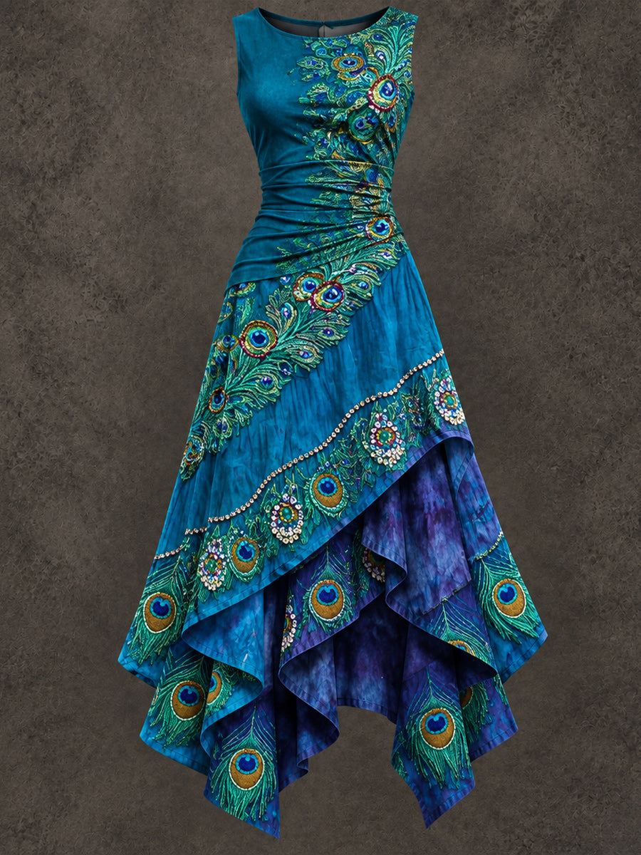 Retro Art Printed Vintage Sleeveless Irregularly Layered Stitched Midi Dress