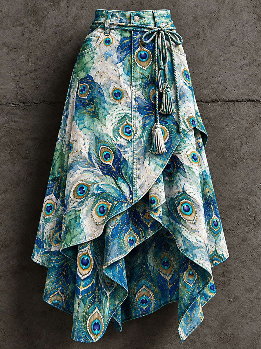 Women's Retro Style Art Print Irregularly Layered Stitched Skirt
