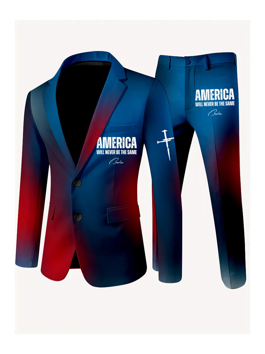 Men's Freedom American Flag Print Casual Jacket Trousers Two-Piece Suits