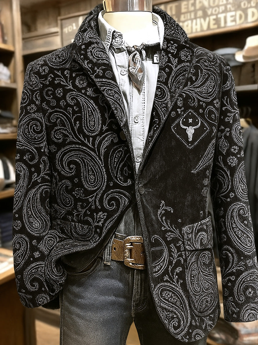 Men's Retro Western Style Paisley Art Print Casual Corduroy Pocket Blazers