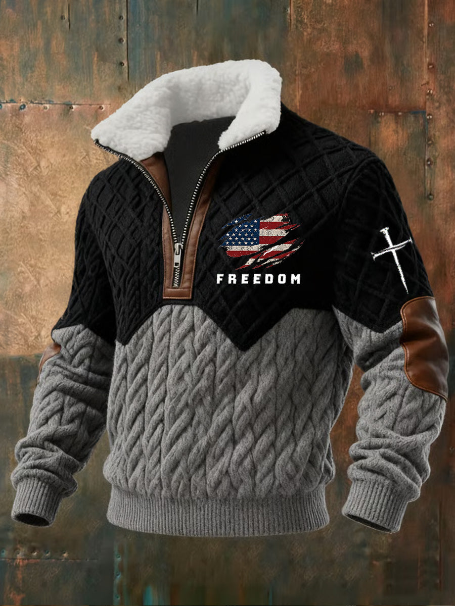 Men's Retro American Flag Freedom Print Jacquard Fabric Zipper Fur Collar Long Sleeve Sweatshirt