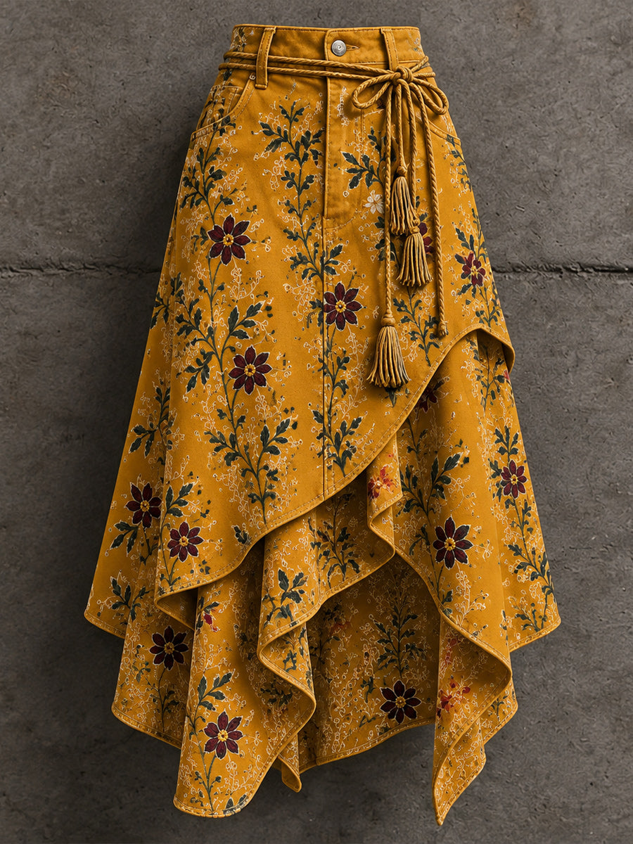 Women's Retro Style Art Print Irregularly Layered Stitched Skirt