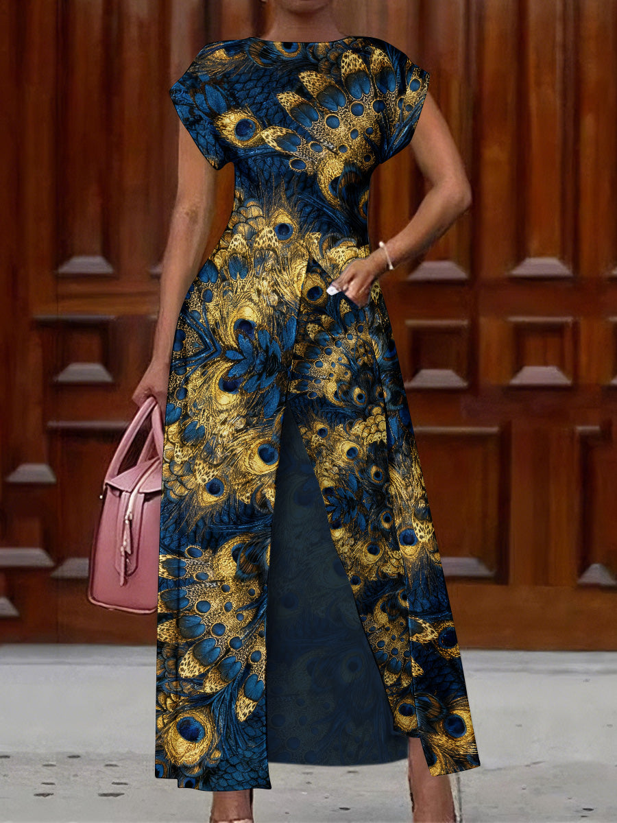 Retro Boho Floral Art Print Vintage Long Split Shirts Dress Skinny Pants Two-Piece Set