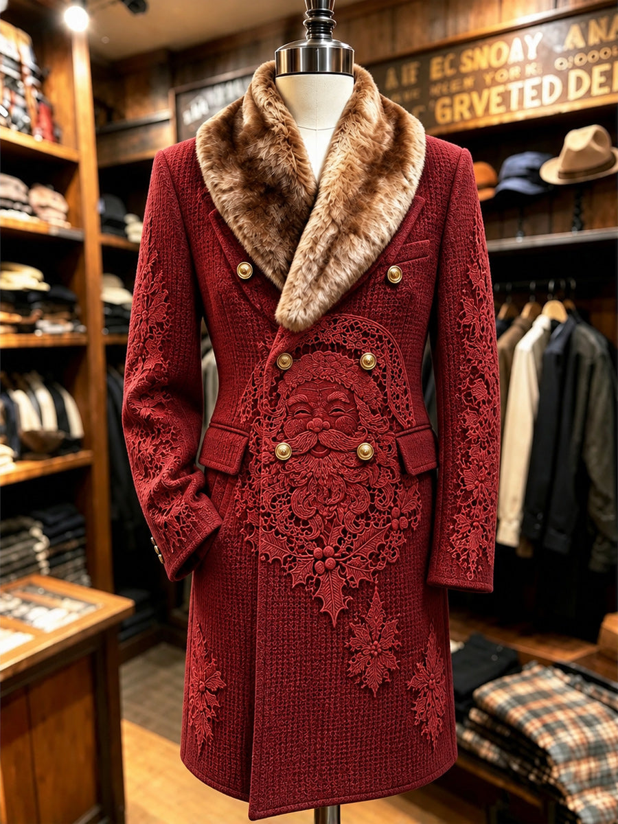 Men's Christmas Art Print Fur Shawl Collar Double Breasted Long Overcoat