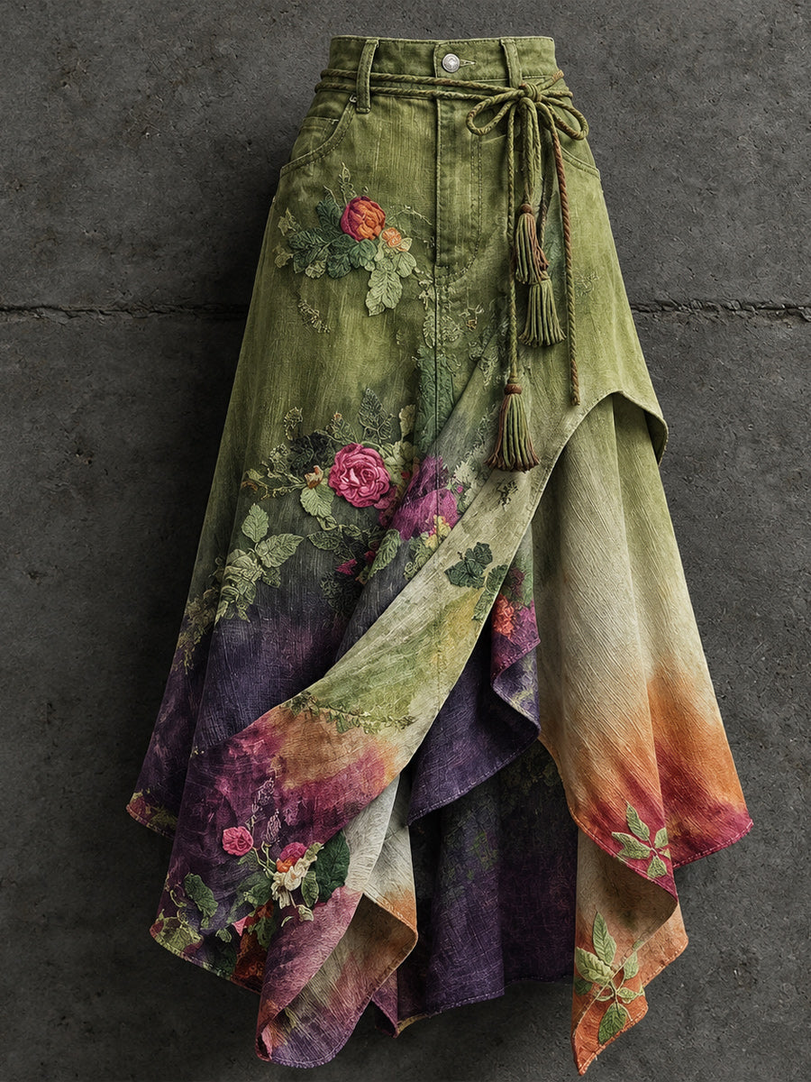 Women's Retro Style Art Print Irregularly Layered Stitched Skirt
