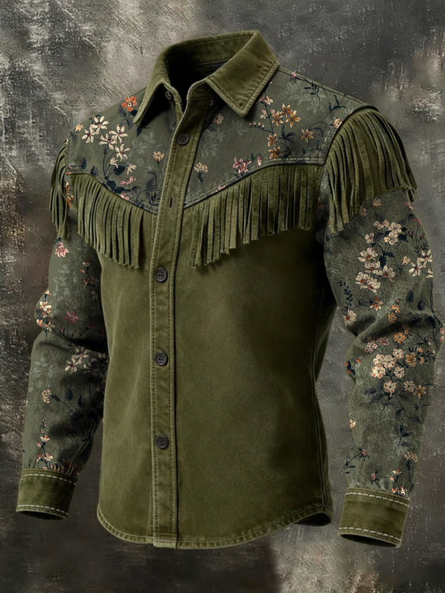Men's Retro Western Style Art Print Vintage Tassel Casual Long Sleeve Shirt