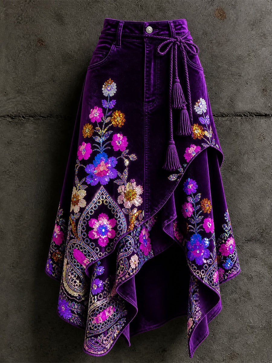 Women's Retro Style Art Print Irregularly Layered Stitched Skirt