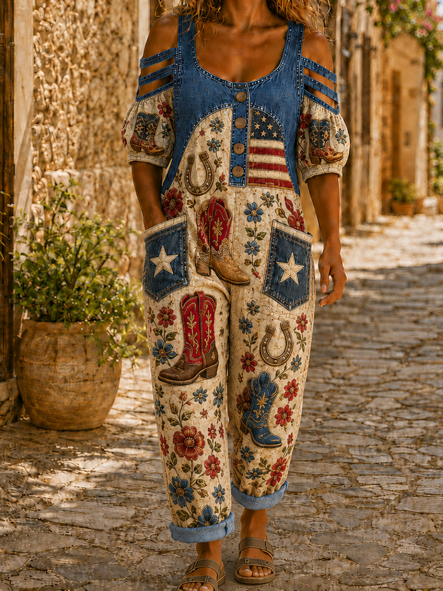 Women's American Style Short Sleeve Denim Patchwork Jumpsuit