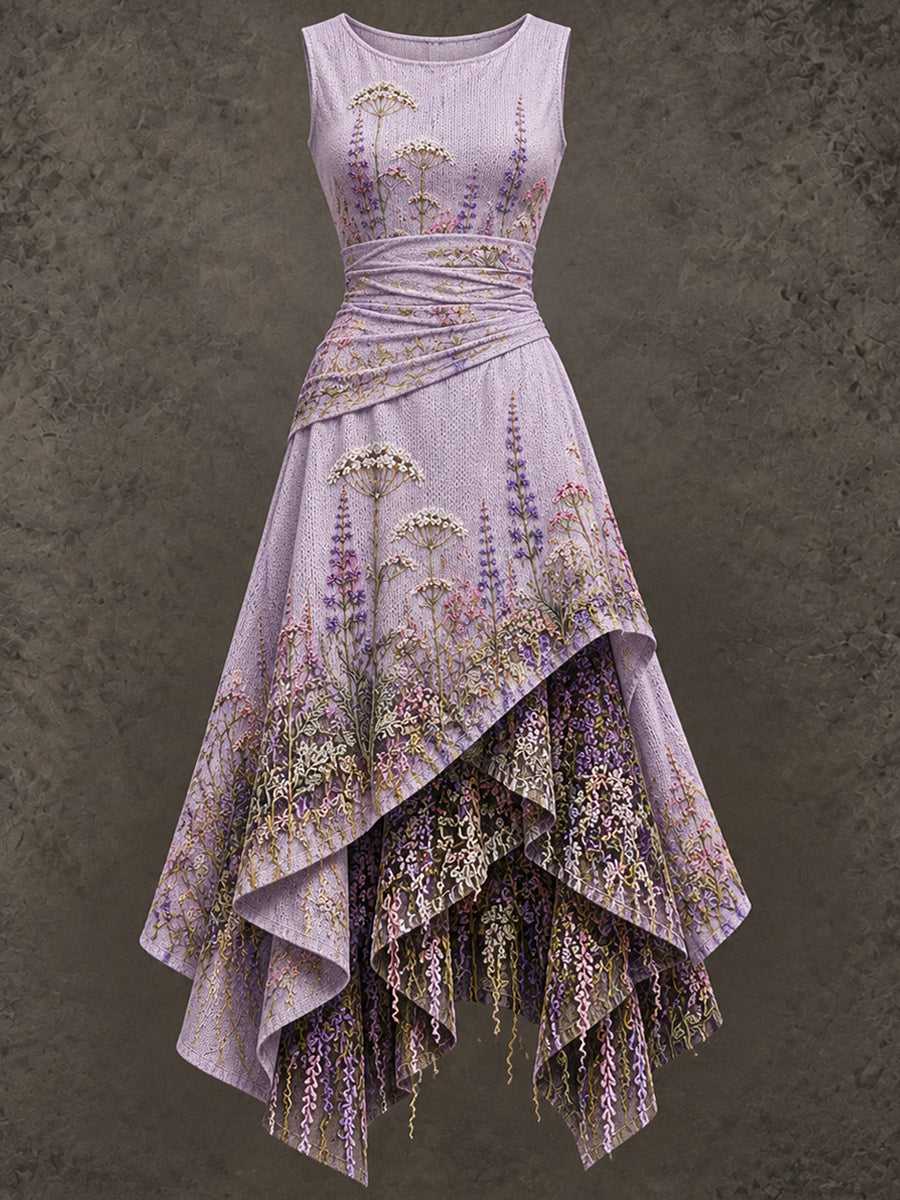 Retro Art Printed Vintage Sleeveless Irregularly Layered Stitched Midi Dress