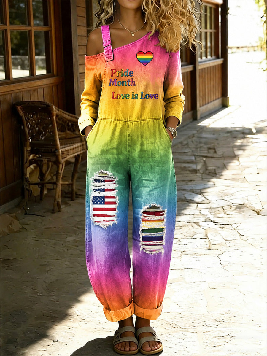 Women's Retro Pride Month Rainbow Art Print Washed Cotton Denim Patchwork Jumpsuit