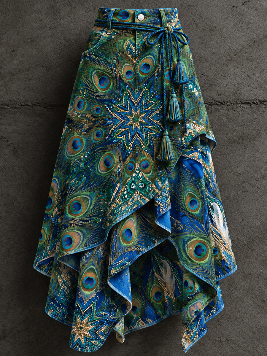 Women's Retro Style Art Print Irregularly Layered Stitched Skirt