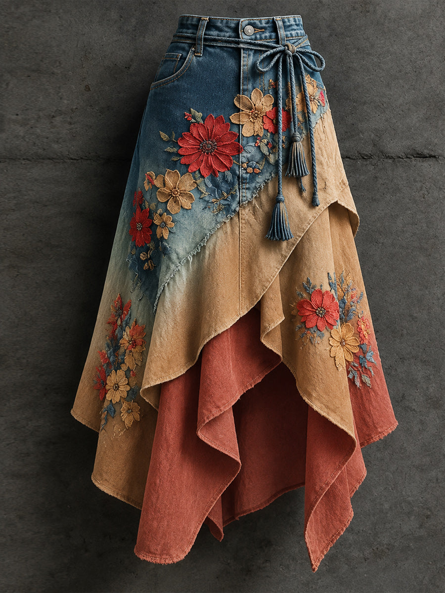 Women's Retro Style Art Print Irregularly Layered Stitched Skirt