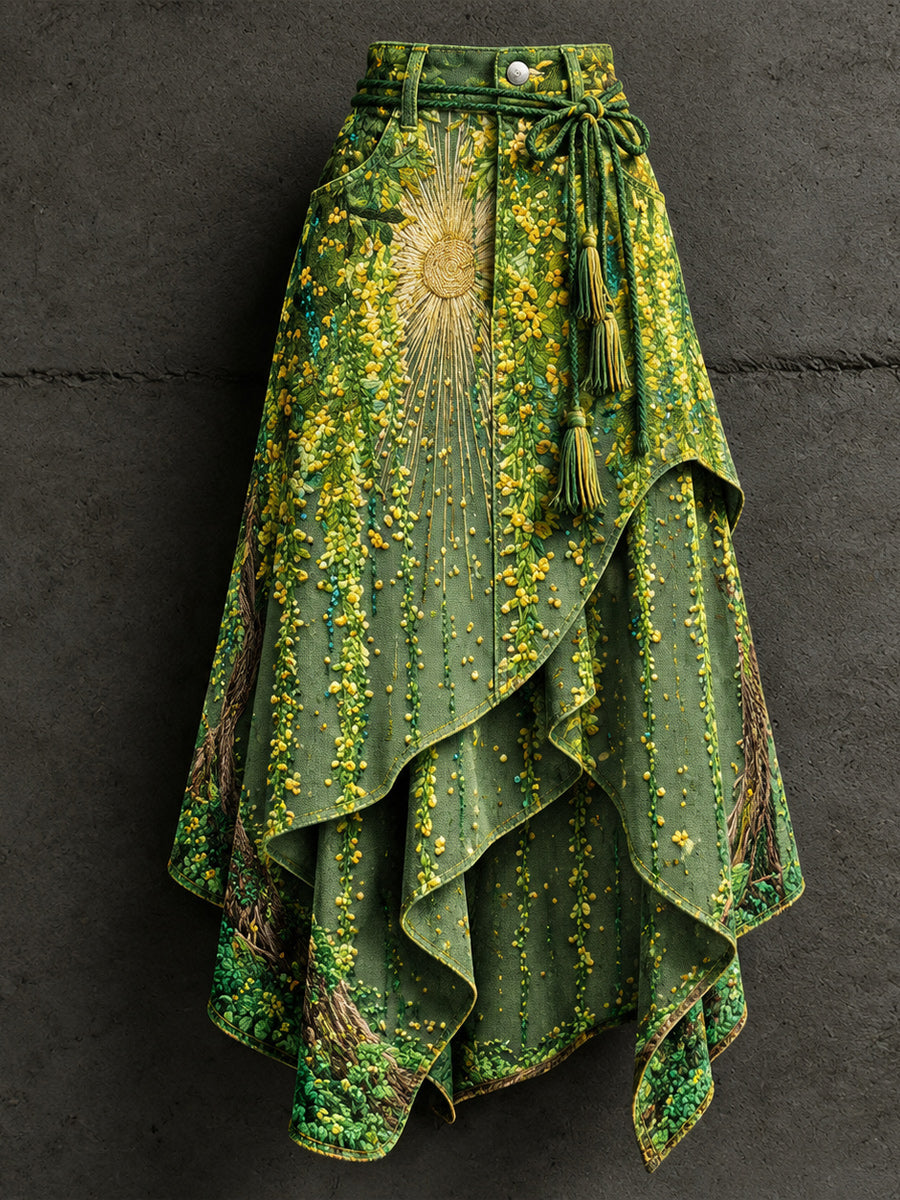 Women's Retro Style Art Print Irregularly Layered Stitched Skirt