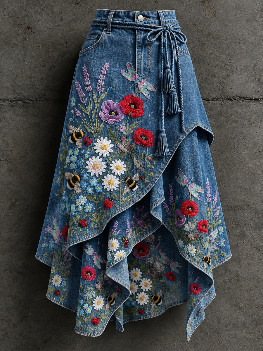 Women's Retro Style Art Print Irregularly Layered Stitched Skirt