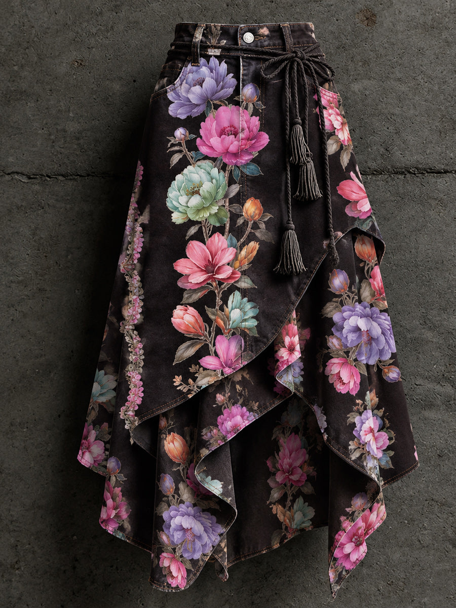 Women's Retro Style Art Print Irregularly Layered Stitched Skirt