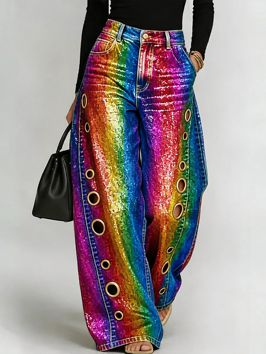 Women's Retro Style Art Print Casual  Hollow Wide Leg Pants