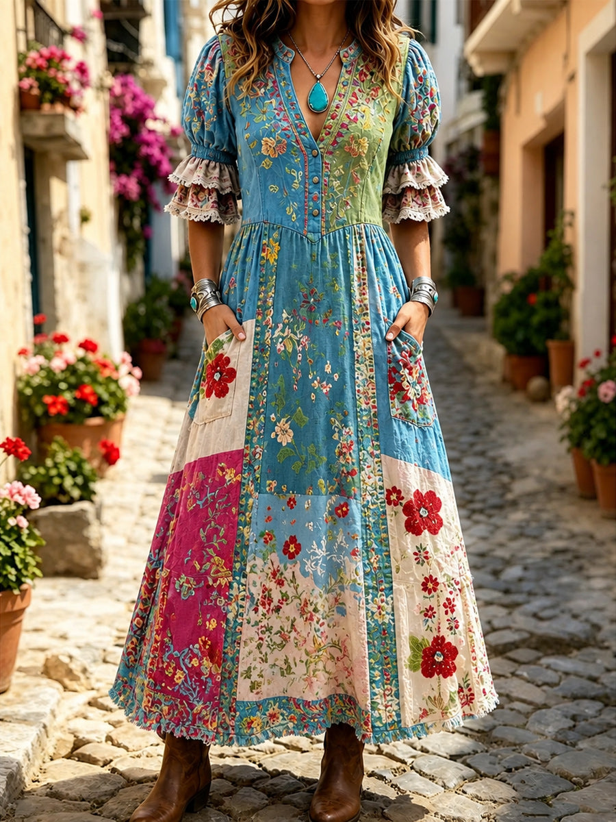Women's Retro Art Print Washed Cotton Lace Patchwork Midi Dress