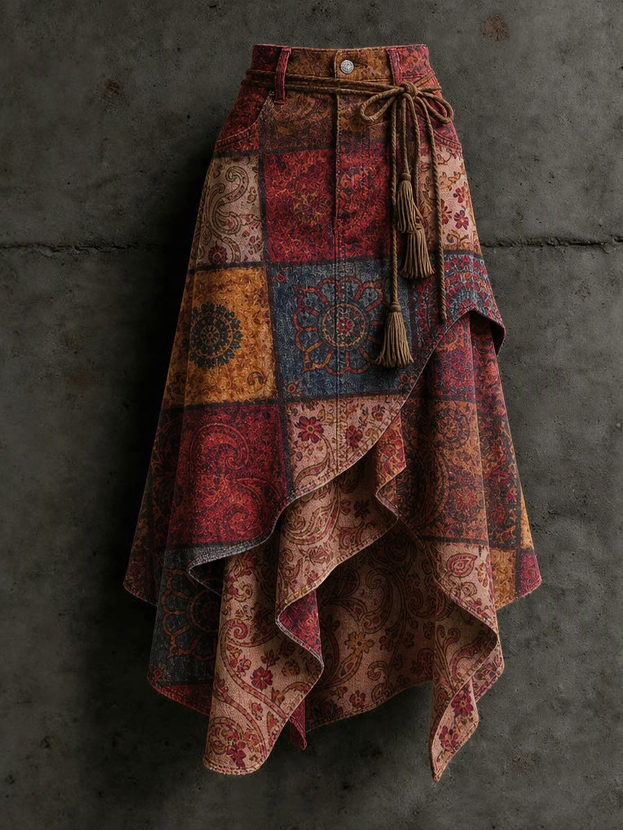 Women's Retro Style Art Print Irregularly Layered Stitched Skirt