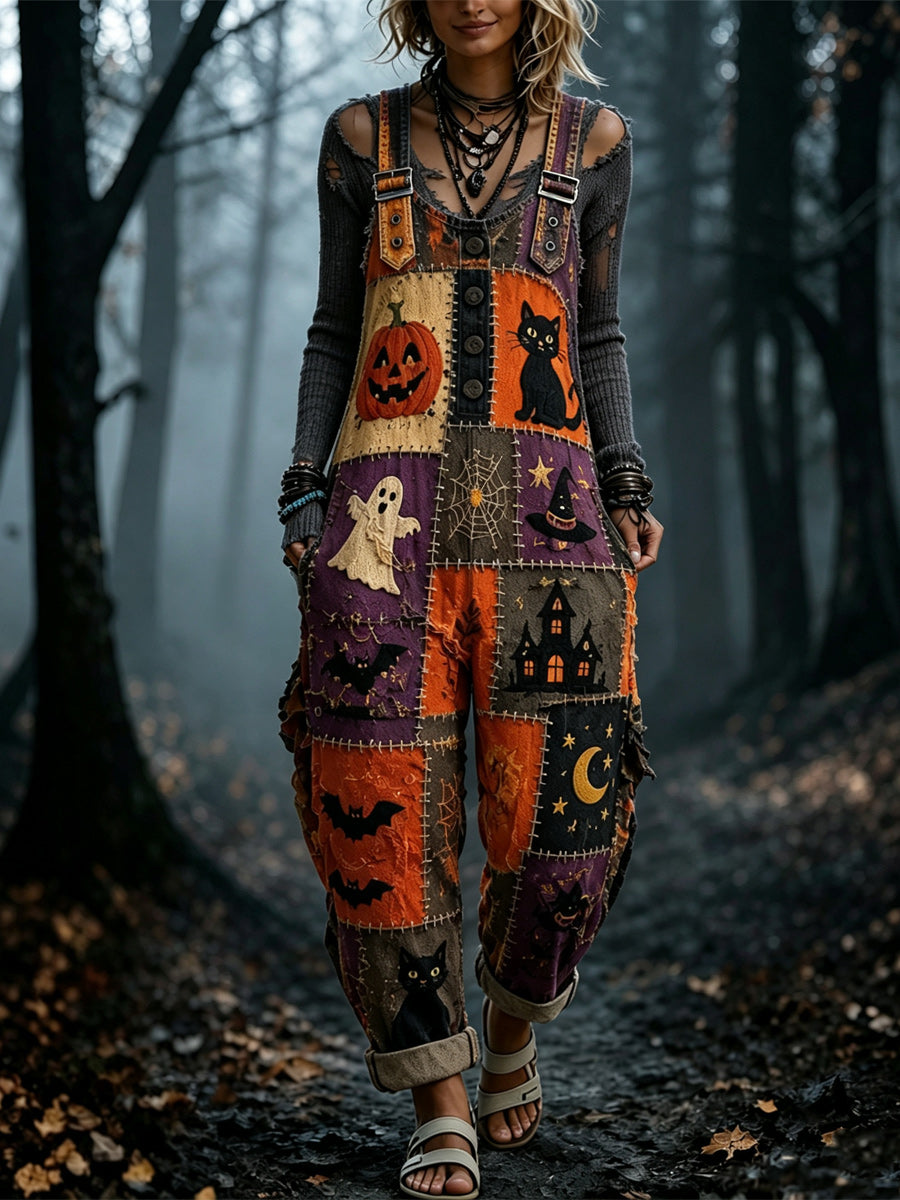 Women's Retro Autumn Style Art Print Washed Cotton Denim Patchwork Jumpsuit