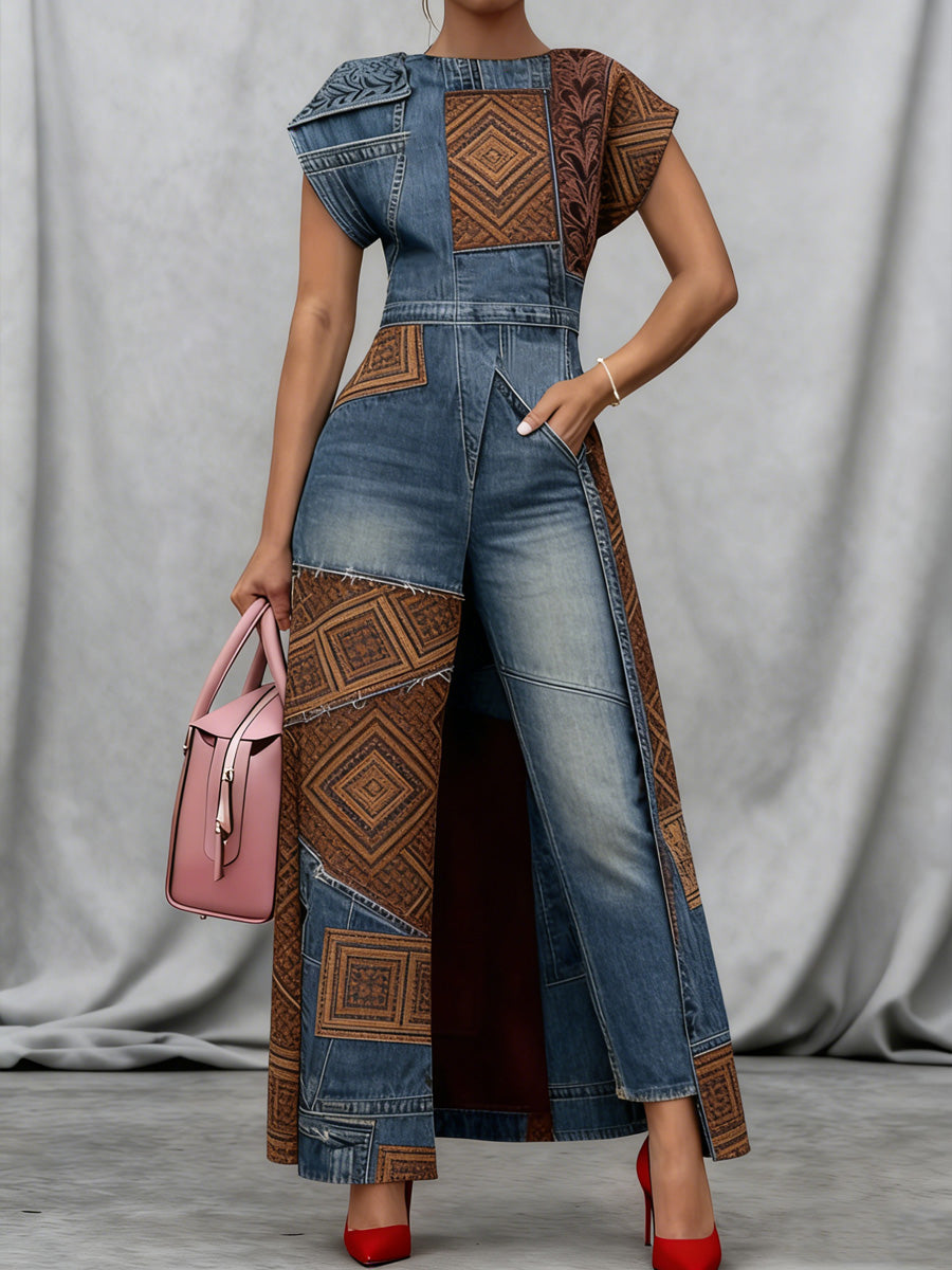 Retro Geometry Abstract Art Print Vintage Long Split Shirts Dress Skinny Pants Two-Piece Set