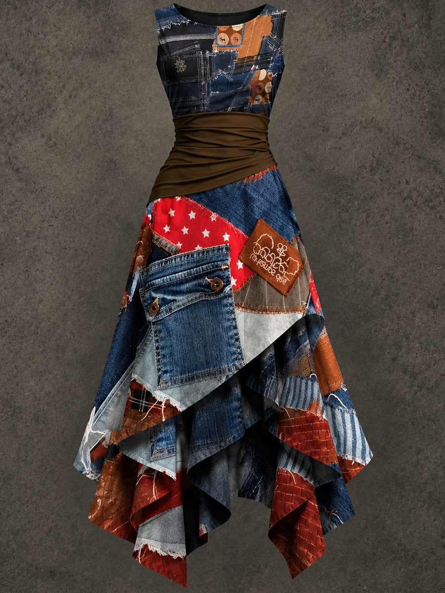 Retro Art Printed Vintage Sleeveless Irregularly Layered Stitched Midi Dress