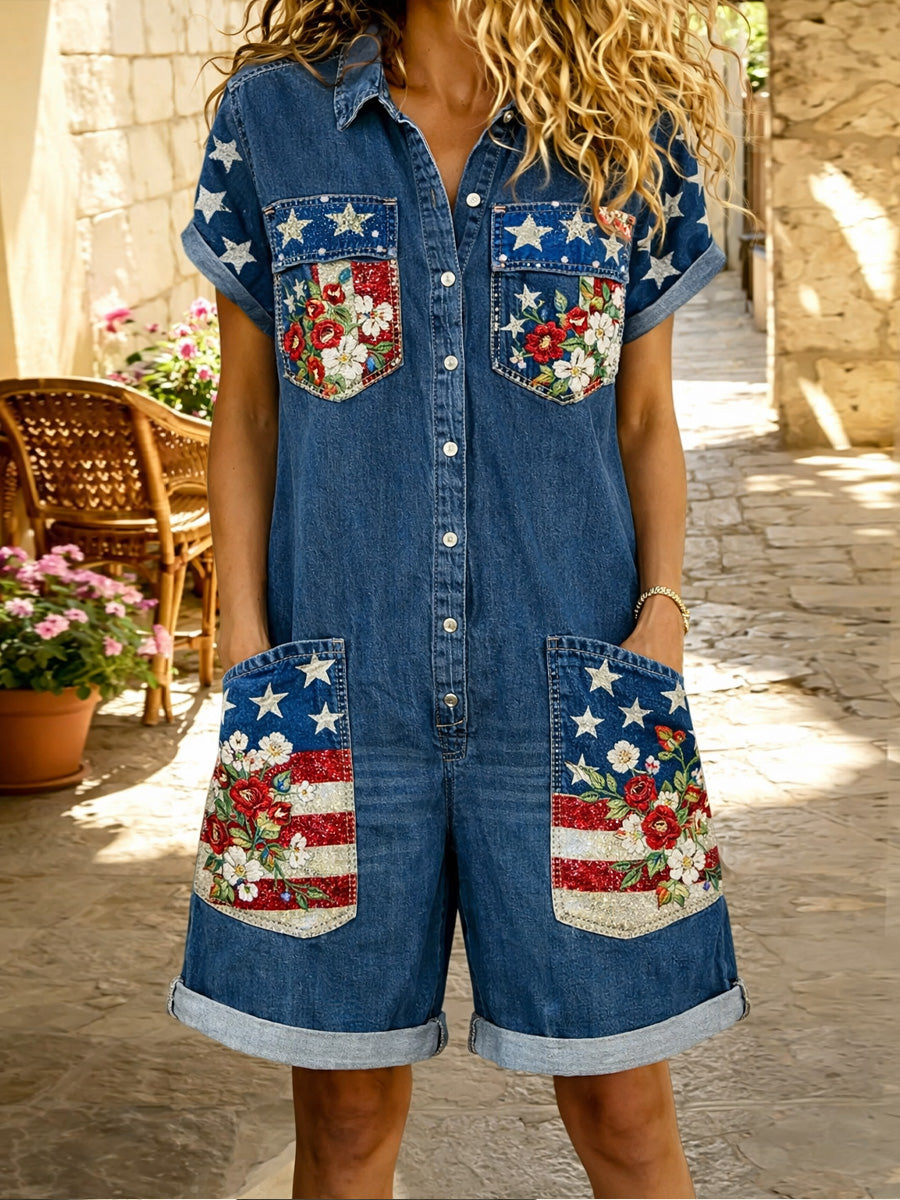 Women's Retro American Flag Art Print Washed Cotton Denim Patchwork Jumpsuit