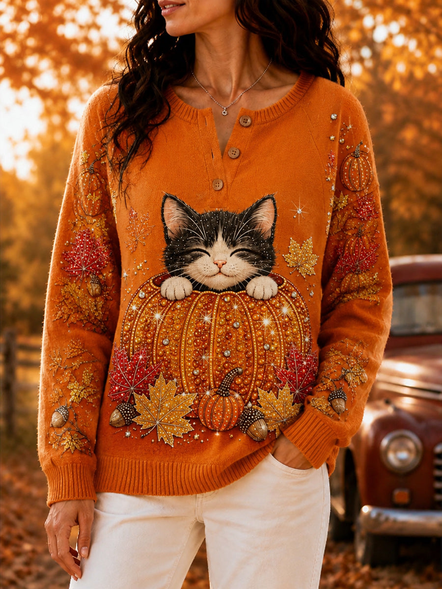 Women's Retro Autumn Art Print Knit Sweater