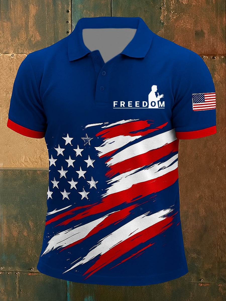 Men's Freedom American Flag Print Retro Round Neck Short Sleeves Polo Shirt