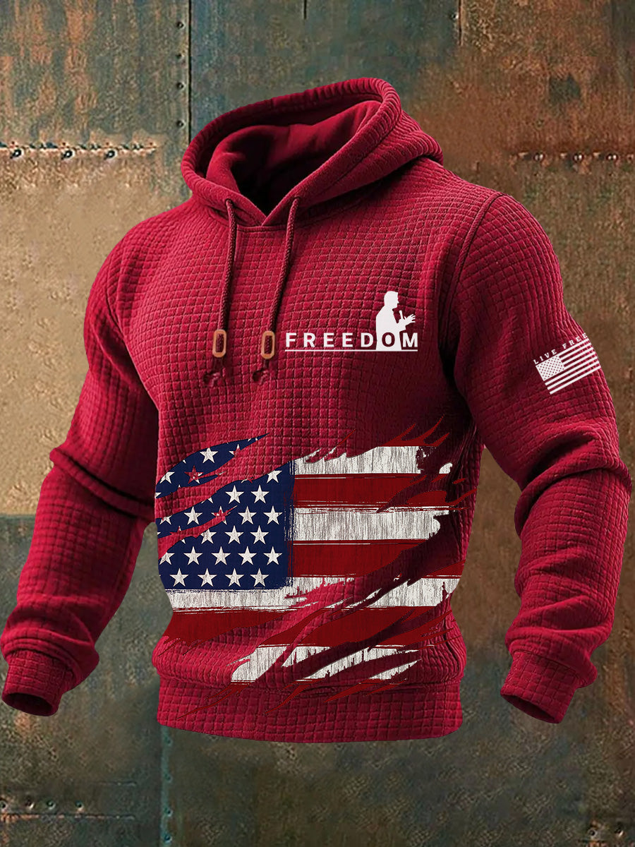 Men's Freedom American Flag Print Retro Casual Plush Inner Liner Hooded Long Sleeves Sweatshirt