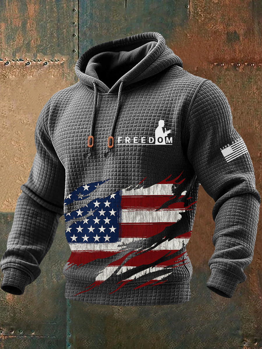 Men's Freedom American Flag Print Retro Casual Plush Inner Liner Hooded Long Sleeves Sweatshirt