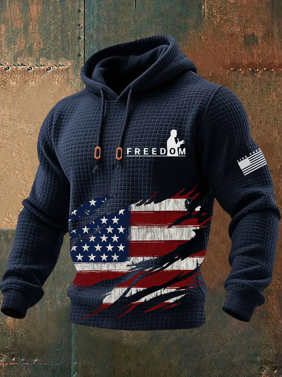 Men's Freedom American Flag Print Retro Casual Plush Inner Liner Hooded Long Sleeves Sweatshirt