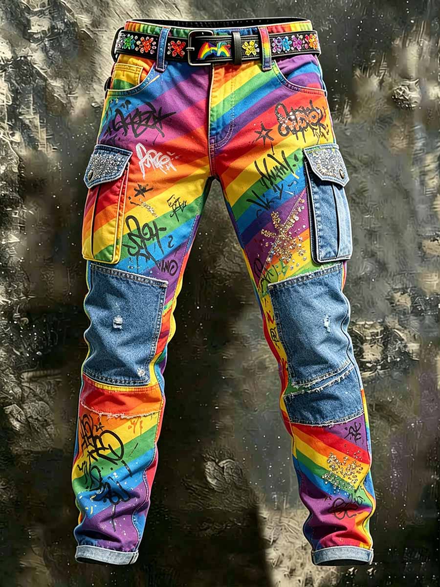 Men's Retro Rainbow Pattern Printed Casual Work Pants