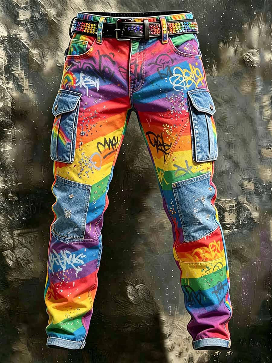 Men's Retro Rainbow Pattern Printed Casual Work Pants