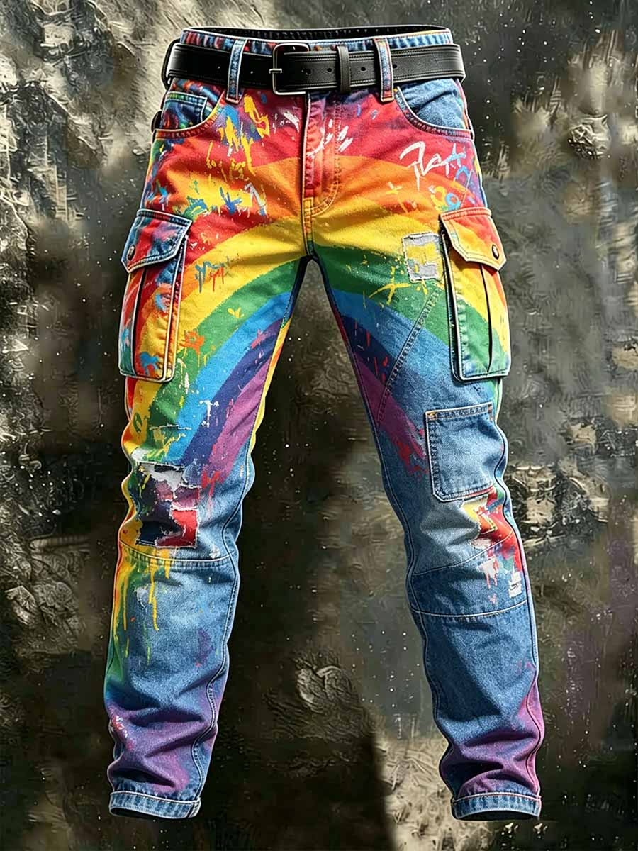 Men's Retro Rainbow Pattern Printed Casual Work Pants