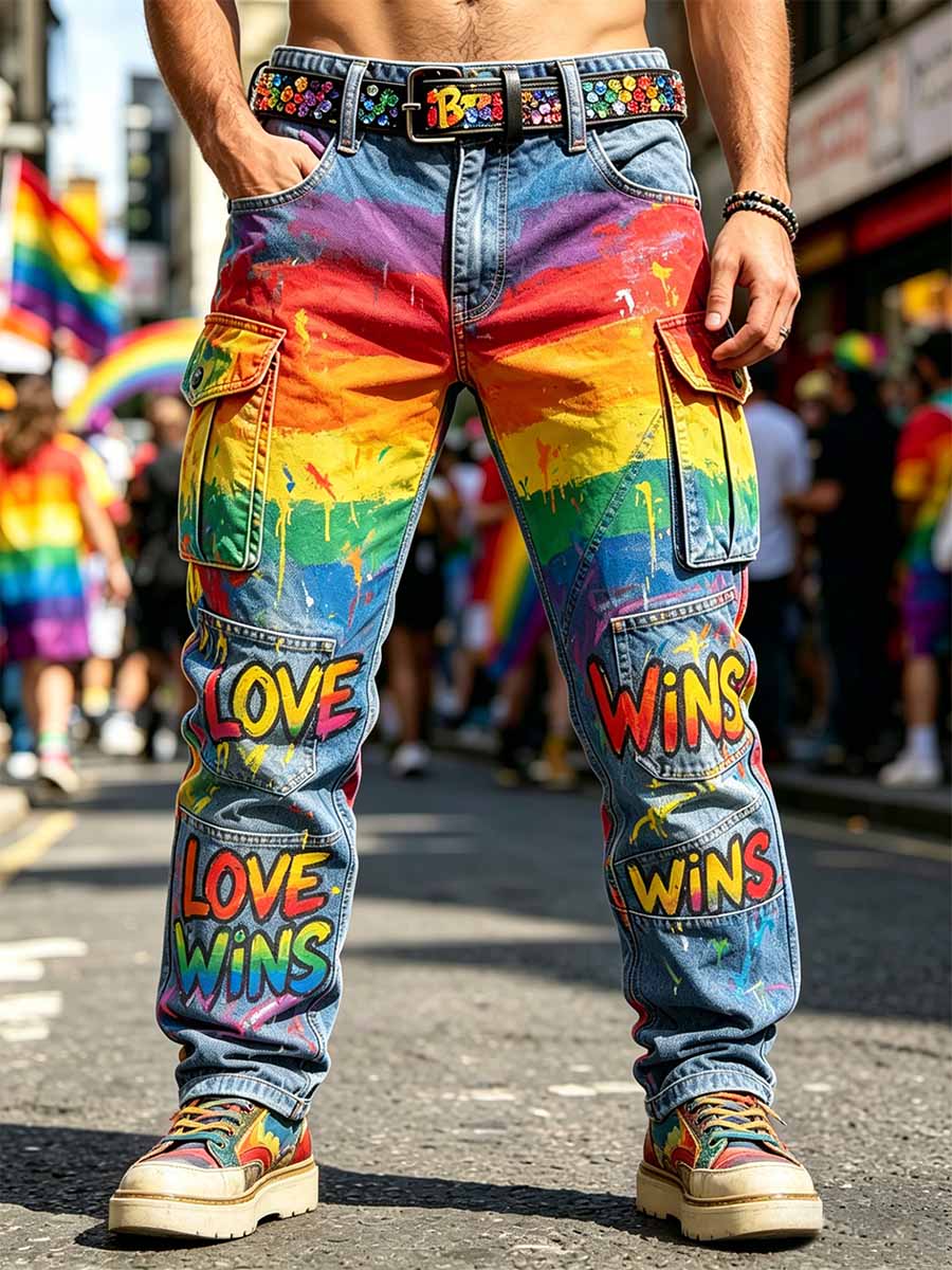 Men's Retro Rainbow Pattern Printed Casual Work Pants