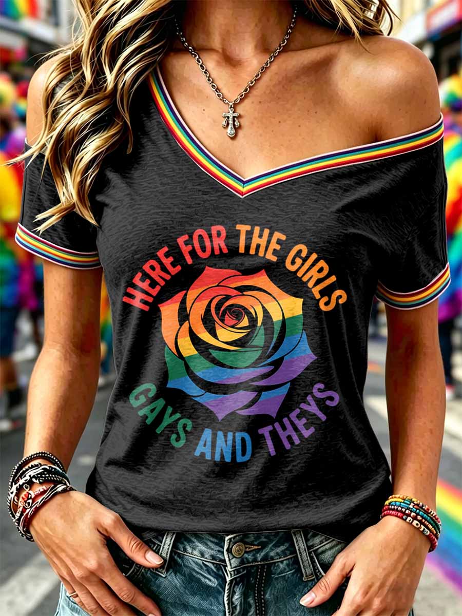 Women's Pride Month Rainbow Print Casual Off-Shoulder T-Shirt