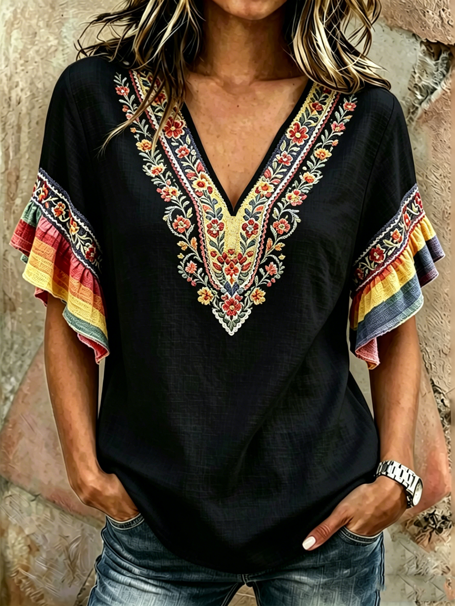 Women's Rainbow Floral Print Short Sleeve T-Shirt