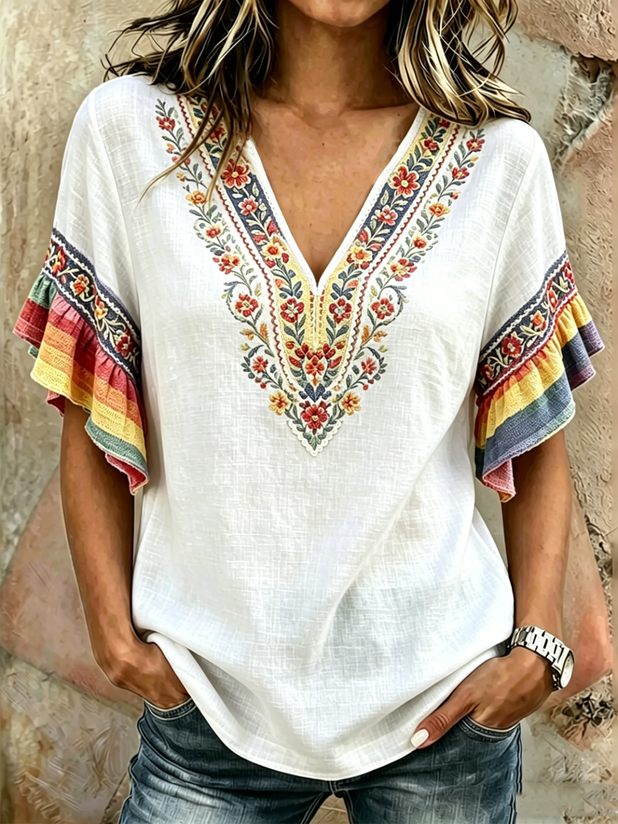 Women's Rainbow Floral Print Short Sleeve T-Shirt