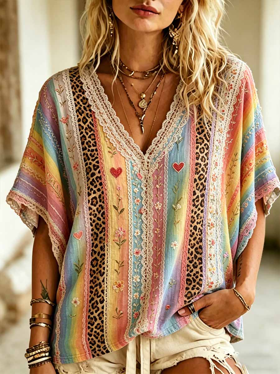 Women's Rainbow Floral Art Printed Top